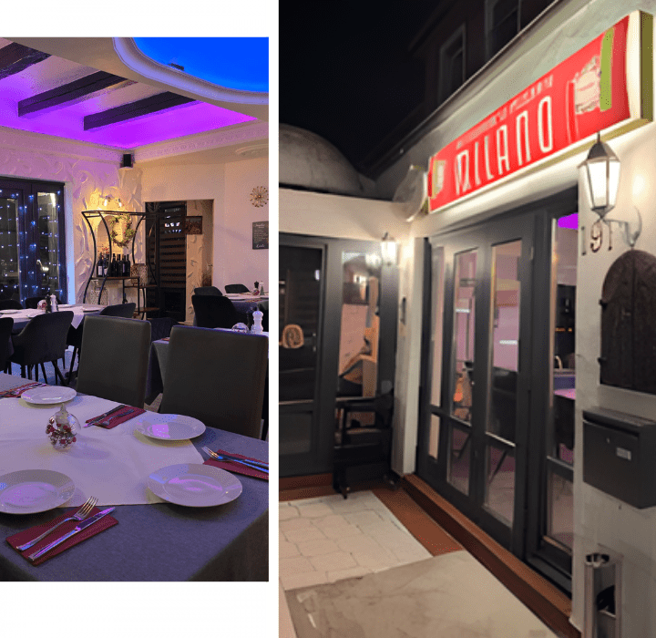 Gemütlicher Gastraum und beleuchteter Eingang bei Nacht im Restaurant Milano in Bremen Huchting